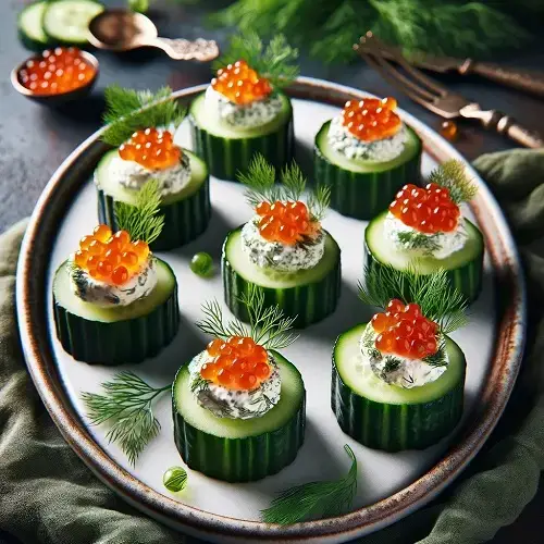 caviar topped on cucumber