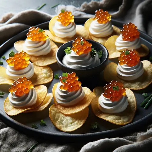 caviar topped potato chips