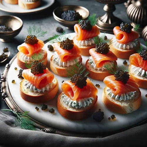 ossetra caviar with smoked salmon canapes