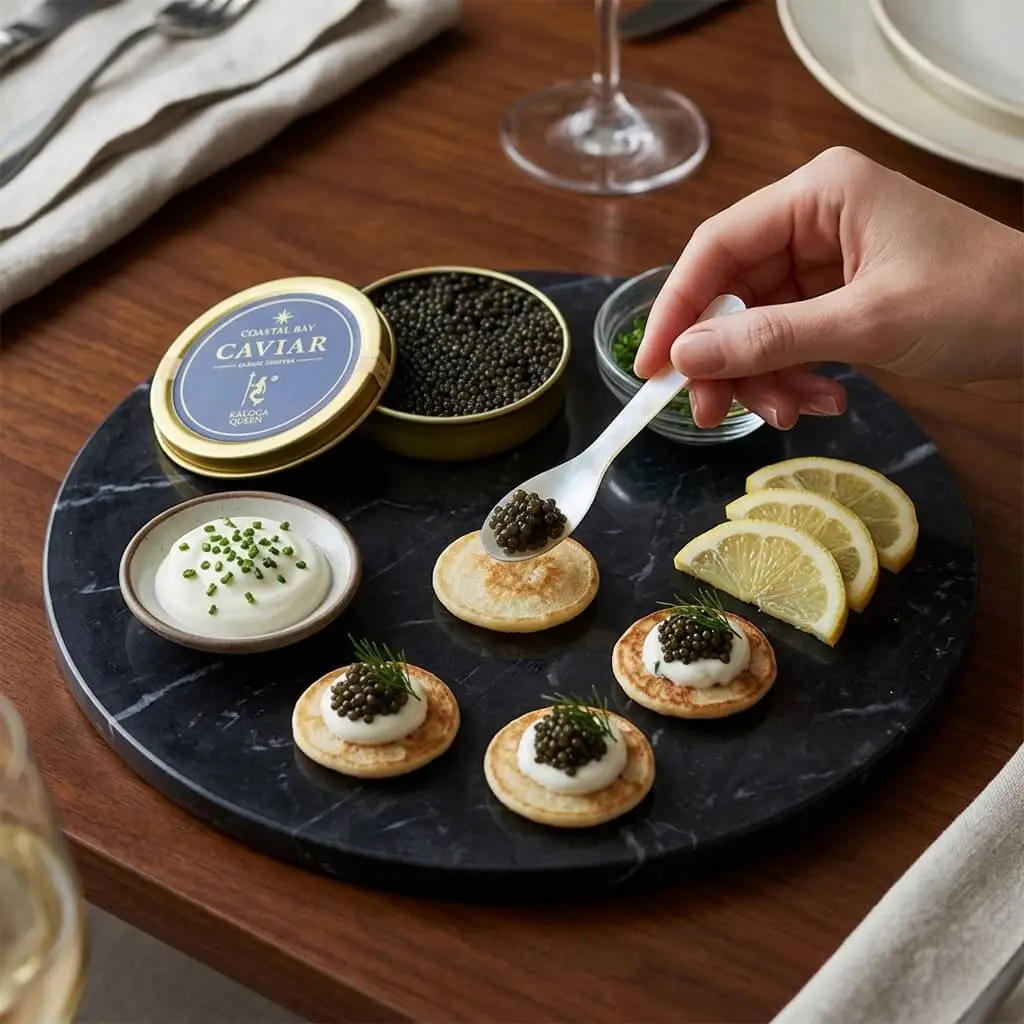 Premium caviar tins on marble