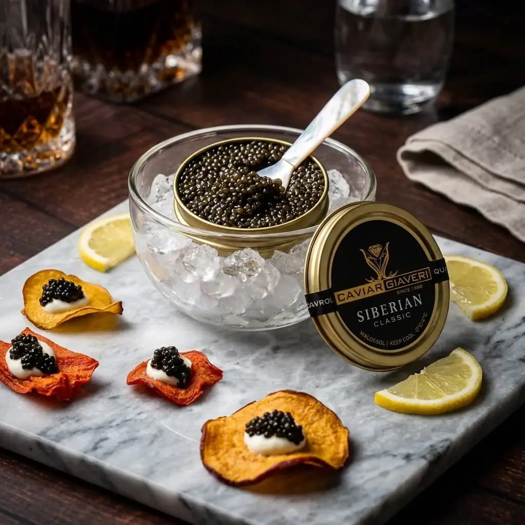 Caviar being served on blini