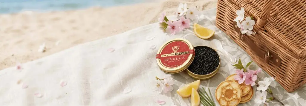 Premium caviar on dark marble with champagne