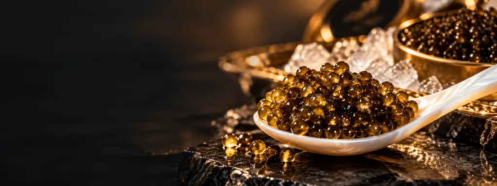 Premium caviar on dark marble with champagne